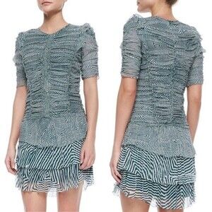 Isabel Marant Etoile Damia Ripple Print Ruched Tiered Silk Mini Dress Green 42